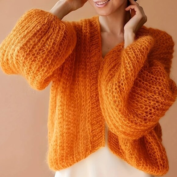 Orange Handknit Mohair Short Open Front Cardigan XL - Picture 2 of 5